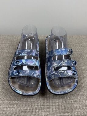 Alegria Blue Gold Marble Floral Triple Strap Slip On Comfort Sandals Fiona 40/10